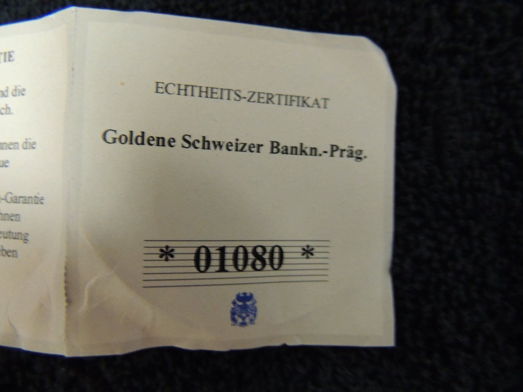 Goldene Schweizer Banknoten Fr. 100.- PP-suite2